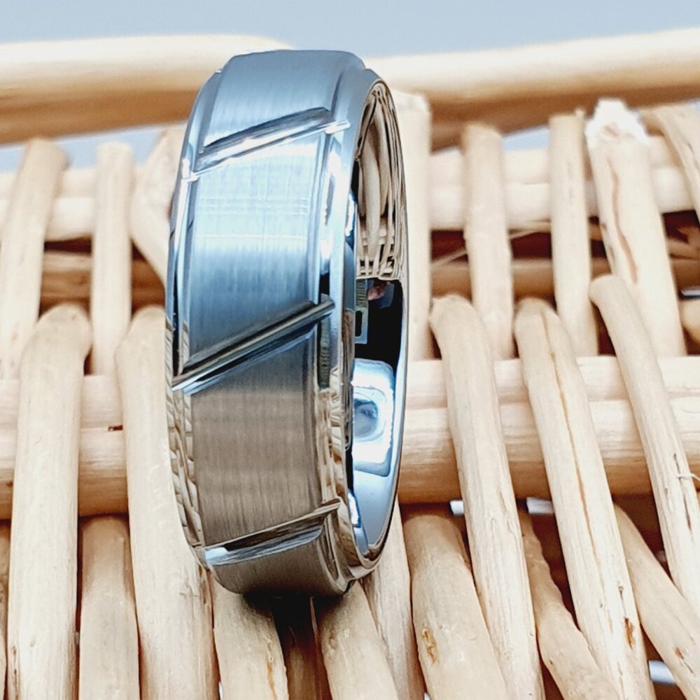 Stylish Brushed Tungsten Carbide Ring With Grooved Diagonal Accents W045